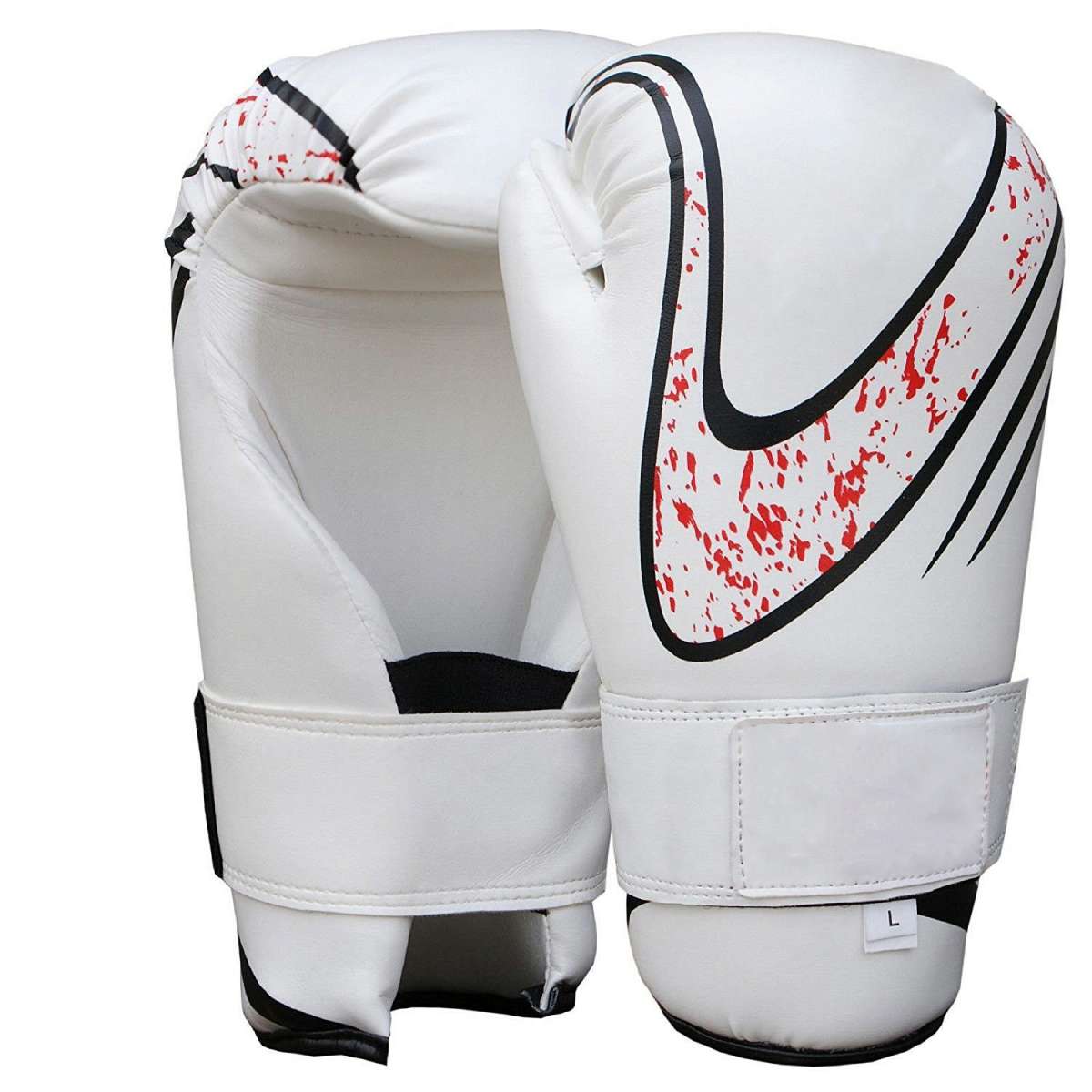 White Boxing Gloves with Black Curved Graphics and Red Speckle Print